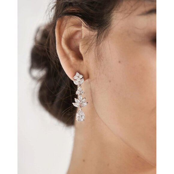 Women's Silver Crystal Cubic Zirconia Bridal Drop Teardrop Wedding Earrings - Picture 2 of 7